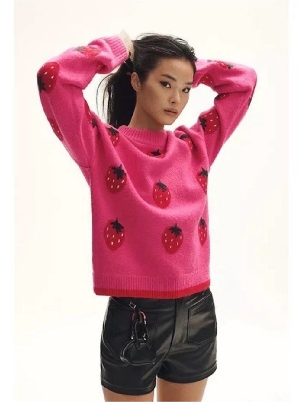 NEW Anthropologie x English Factory STRAWBERRY Print Sweater Pink Red Medium